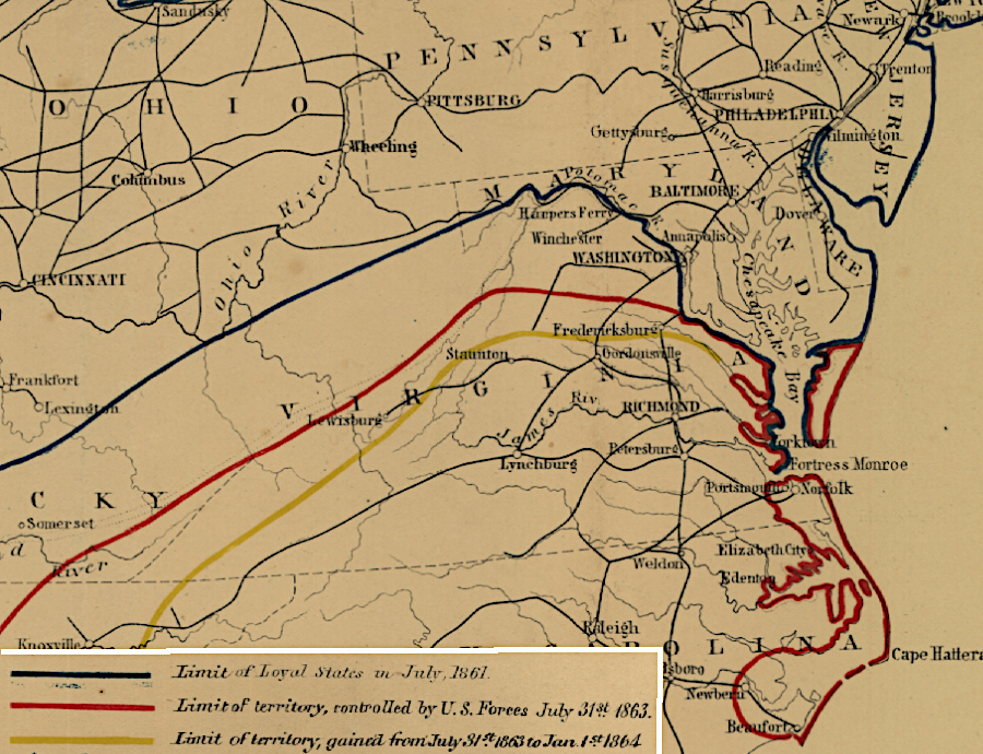 Union forces expanded their control in western/northern Virginia between 1861-1864, but not in Tidewater