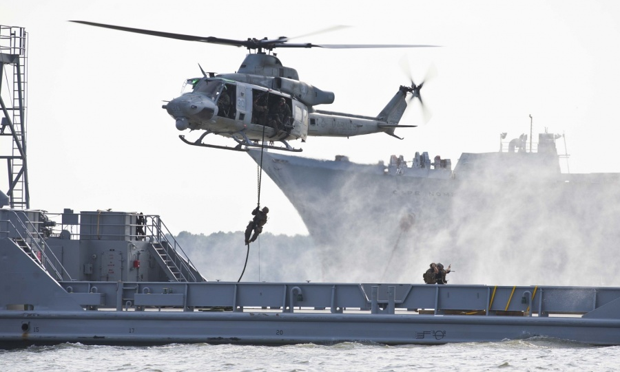 Marines with the Maritime Raid Force practicing Visit, Board, Search and Seizure operations in Hampton Roads before deployment