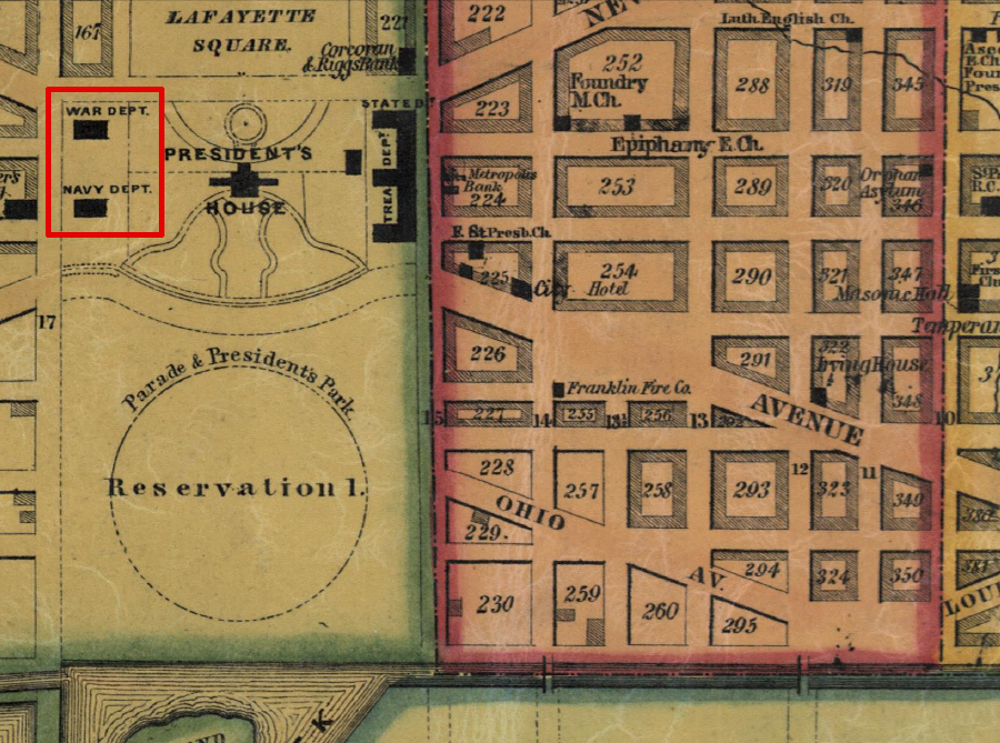 the War Department and the Navy Department occupied separate buildings next to the White House from 1819-1879