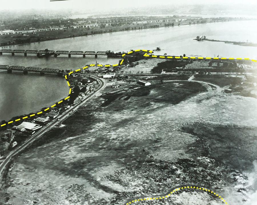 the old location of the Washington Airport, looking downstream (Arlington Beach roller coaster at far left)
