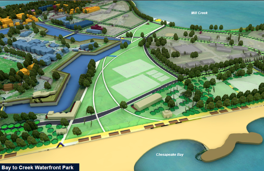 between the moat surrounding the historic stone fort and the Wherry Quarter, the Master Plan proposed a park linking the Chesapeake Bay and Mill Creek
