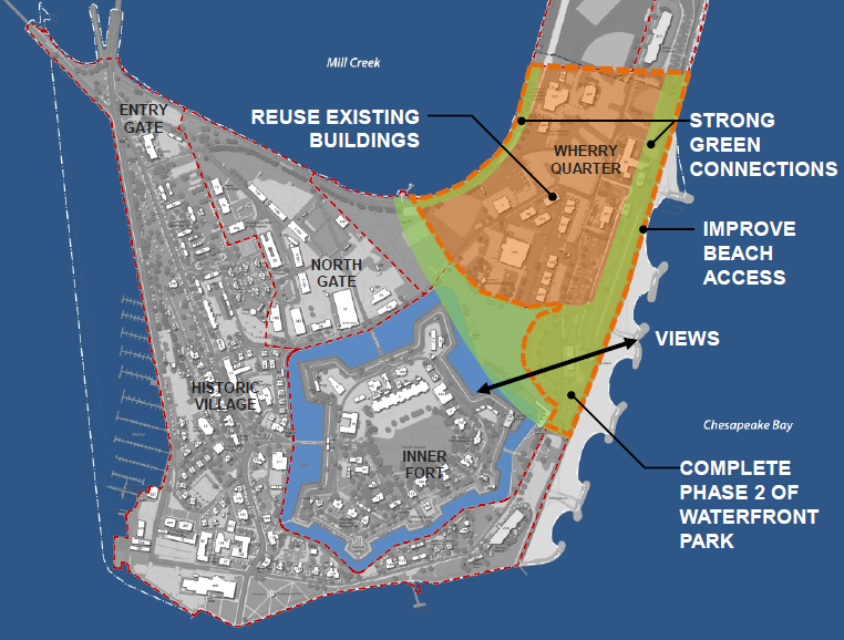 plans by the Fort Monroe Authority to obtain revenue from sale/lease of properties in North Gate (Zone C) and Historic Village (Zone D) drew few protests, but the extent of private development proposed in the 2013 Master Plan for the existing buildings in the Wherry Quarter (Zone B) spurred great debate