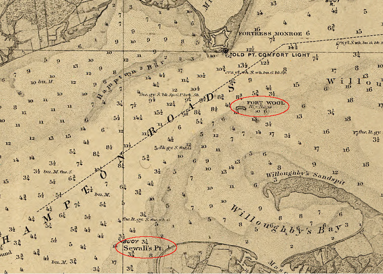 during the Civil War, cannon at Fort Wool hit Confederate fortifications at Sewall's Point but caused minimal damage