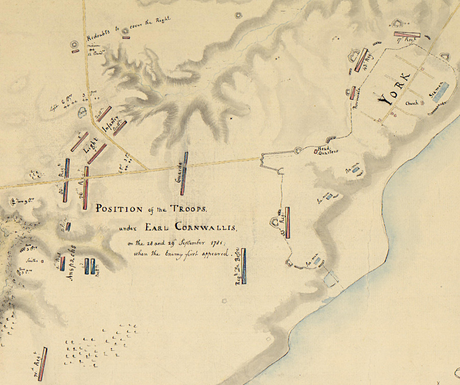 Lord Cornwallis prepared trenches and redoubts around Yorktown for temporary defense, in anticipation of reinforcements from New York City