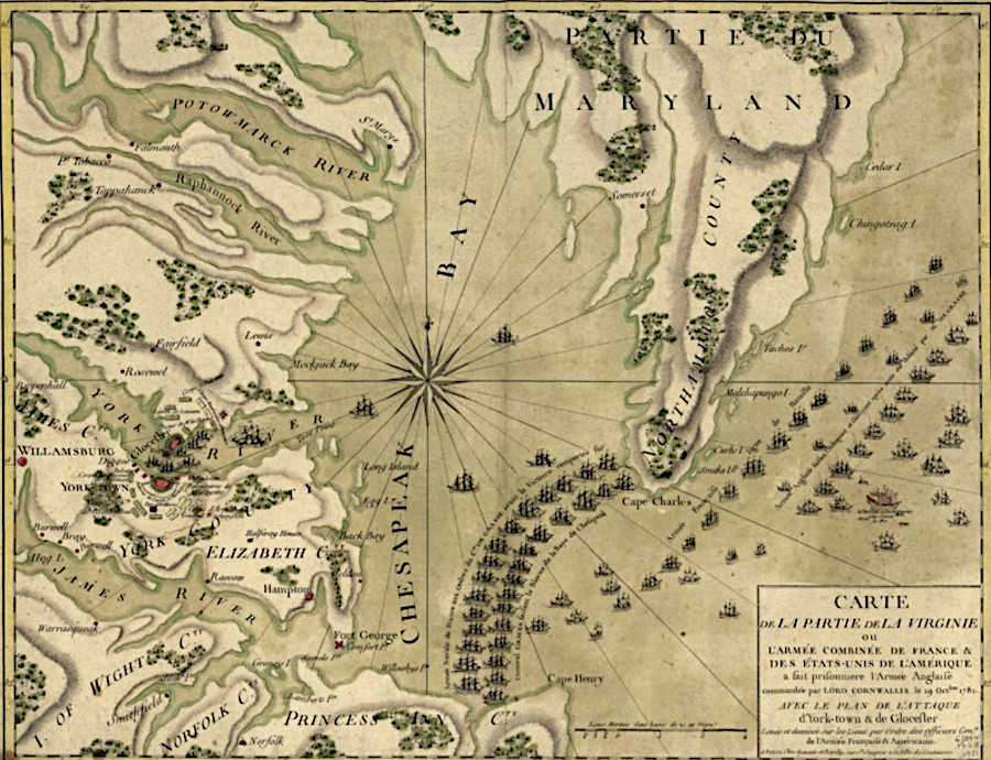 the victory at Yorktown 40 miles inland was determined by the French fleet at the mouth of the Chesapeake Bay