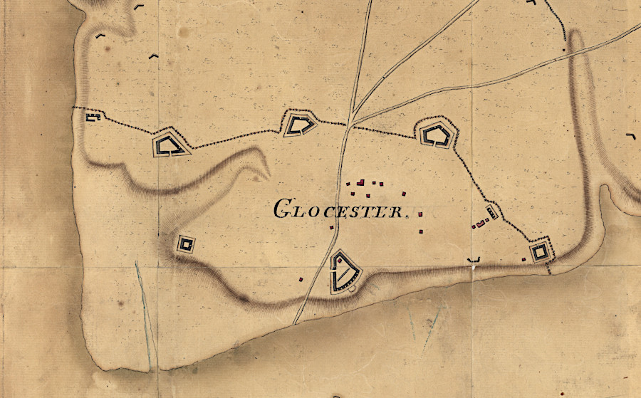 the British were protected by their fortifications at Gloucester, but could not break through the American/French lines