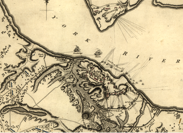 as French/American forces built parallels of trench lines to locate artillery closer to Yorktown, British forces failed to escape north via Gloucester