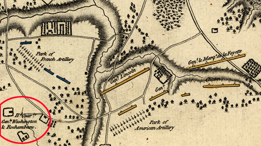 George Washington's headquarters was southwest of Yorktown, behind the French and American artillery parks