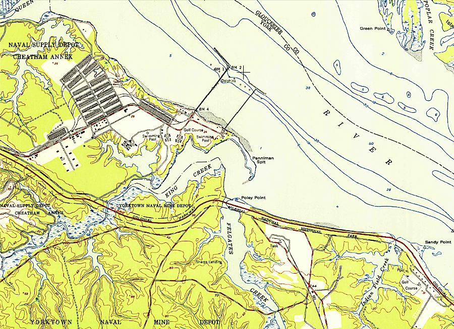 the Colonial Parkway separates the Yorktown Naval Mine Depot and Cheatham Annex