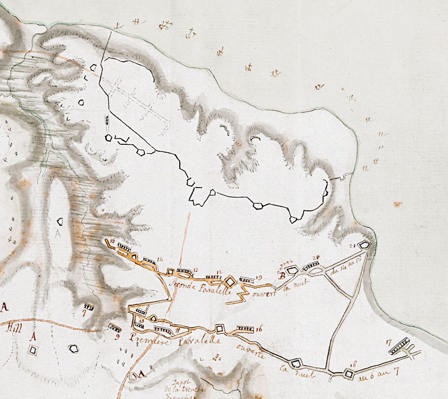 French and American siege lines were constructed on the southern side of Yorktown