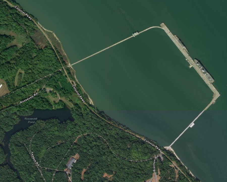 the distinctive U-shaped pier at Yorktown Naval Weapons Station is on Federal land, since the US Navy purchased submerged land from Virginia