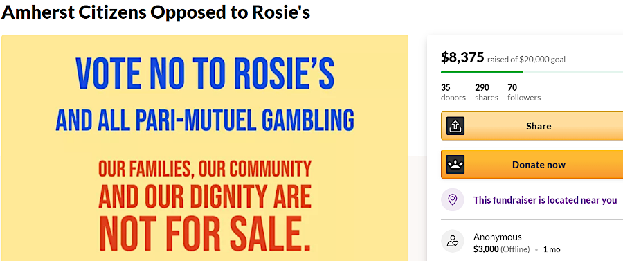 opponents of a Rosie's Gaming Emporium in Amherst were successful, even though they raised far less money than supporters