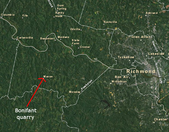 Bonifant/Bonnefant jasper is found as nodules in creeks near Macon (Powhatan County)