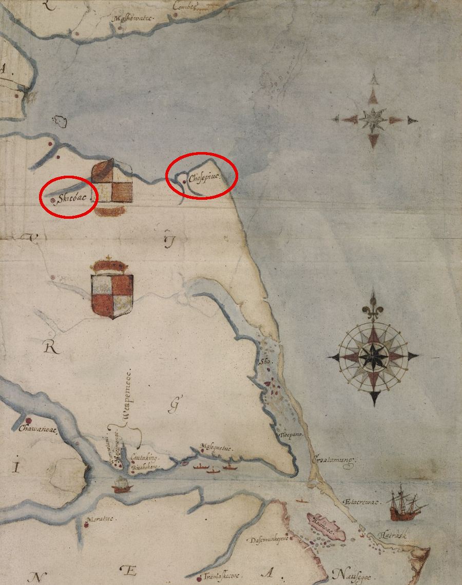 John White documented the locations of two major towns of the Chesapeake tribe after visiting in 1585-86