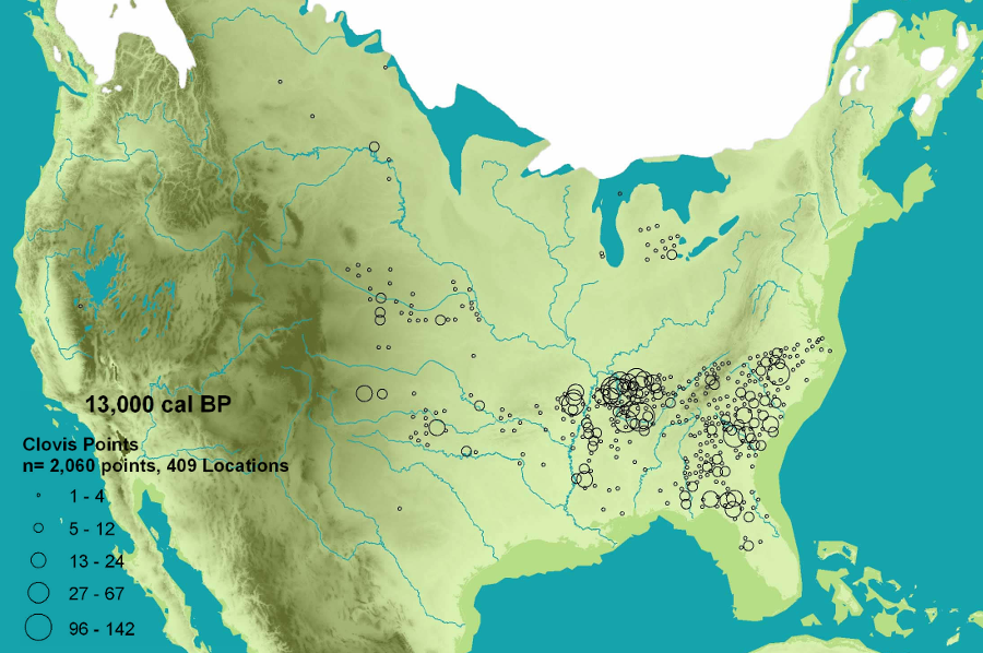 the oldest sites with Clovis points are west of the Mississippi River, but there are more sites east of the river