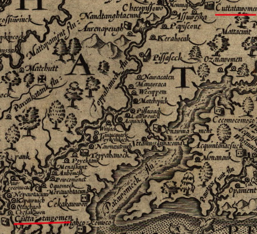 residents of Cuttatawomen near the mouth of the Rappahannock River may also have occupied the town of Cuttatawomen 60 miles upstream, based on the shell-tempered pottery found at both locations