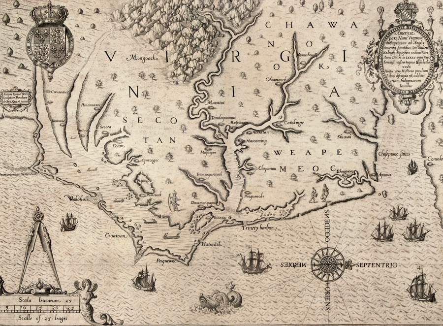 Theodor de Bry published an engraving, based on John White's painting, showing three palisaded towns in the territory of the Chesapeakes