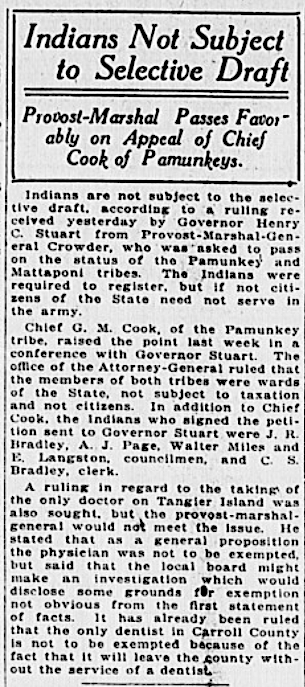 the Pamunkey got confirmation in 1917 that they were exempt from the military draft
