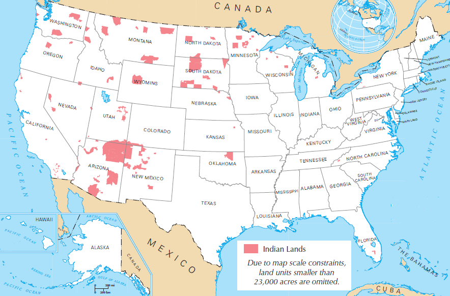 large Federally-established reservations portrayed on this map show how Native Americans were displaced from the eastern portion of the United States