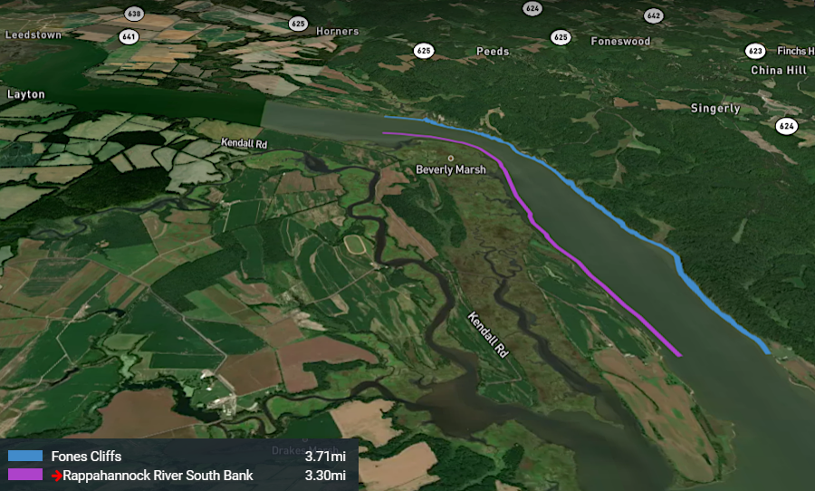 Fones Cliffs is a 100' tall layer of white diatomaceous earth located downstream of Leedstown on the Rappahannock River