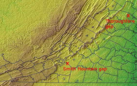 Paleo-Indians may have used gaps in the Blue Ridge as easy-to-recognize locations for meeting with other traveling bands