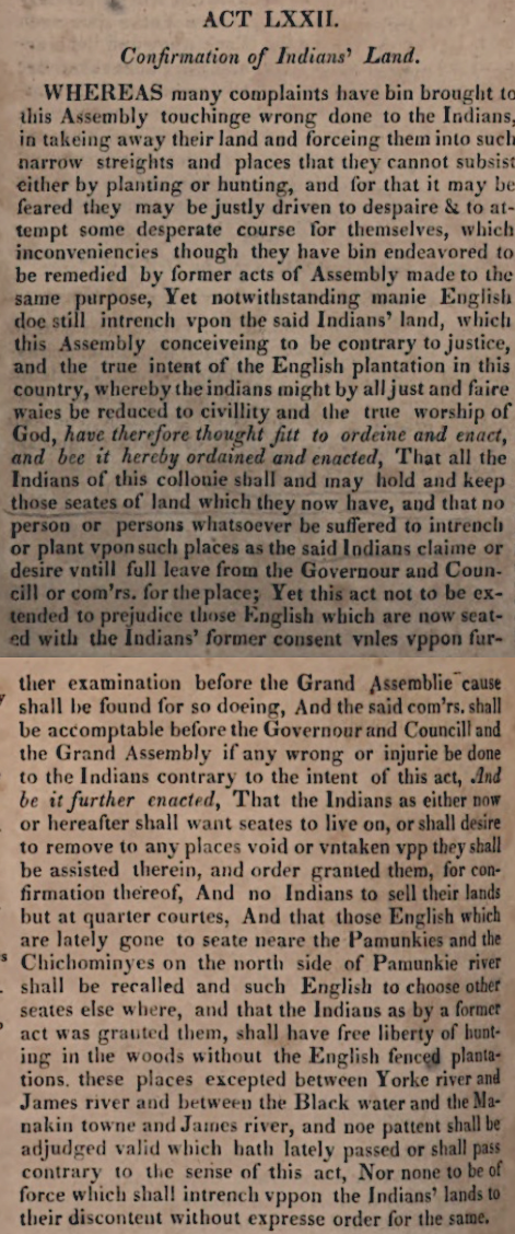 the General Assembly promised to set aside seates for tribes where they would not be disturbed by English settlers