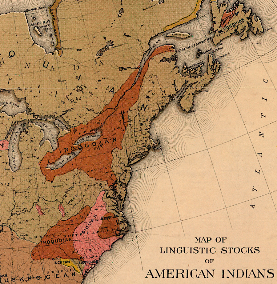 separated from the Haudenosaunee near the St. Lawrence River, the Meherrin, Nottoway, and Cherokee in Virginia spoke languages belonging to the Iroquoian linguistic group