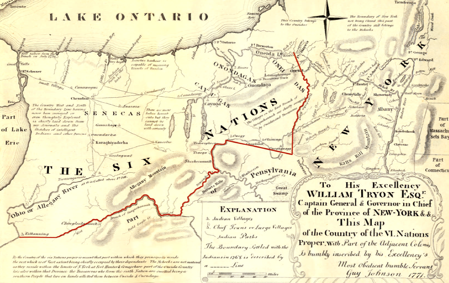 in the 1768 Treaty of Ft. Stanwix, the boundary defined by the Proclanation of 1763 was revised and the Iroquois relinquished claims to lands south of the Ohio River - but  the primary territory occupied by the Oneida, Onondaga, Catauga, Seneca, and Tuscarora were still (theoretically) off-limits to colonial settlement