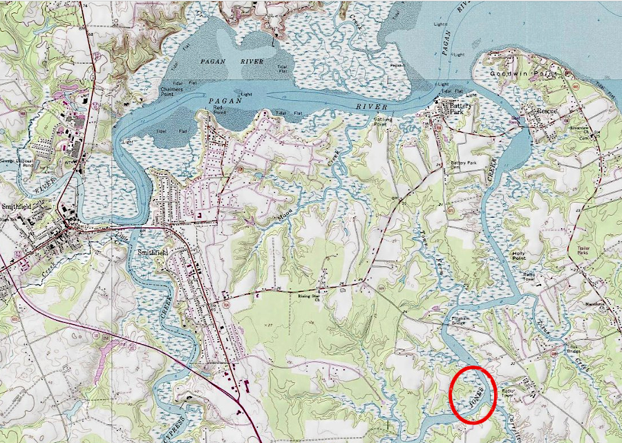 Giles Jones patented land east of the Pagan River, as the English planned to occupy all of the James River waterfront used by the Warraskoyak