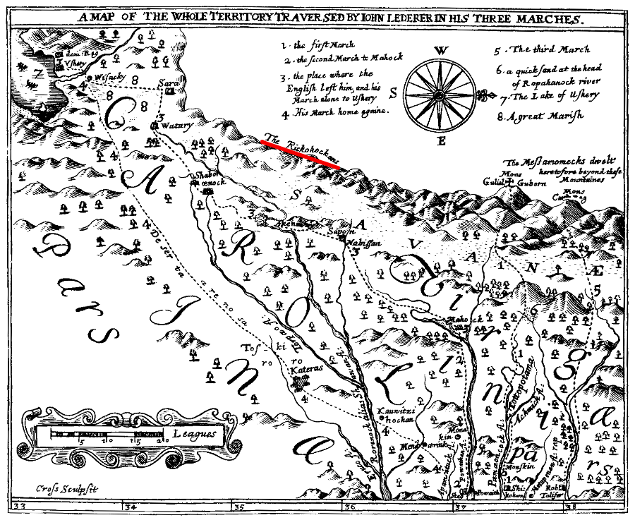 explorer John Lederer encountered Native Americans west of the Blue Ridge that he labelled Rickohocans (note: west is towards top of the map)