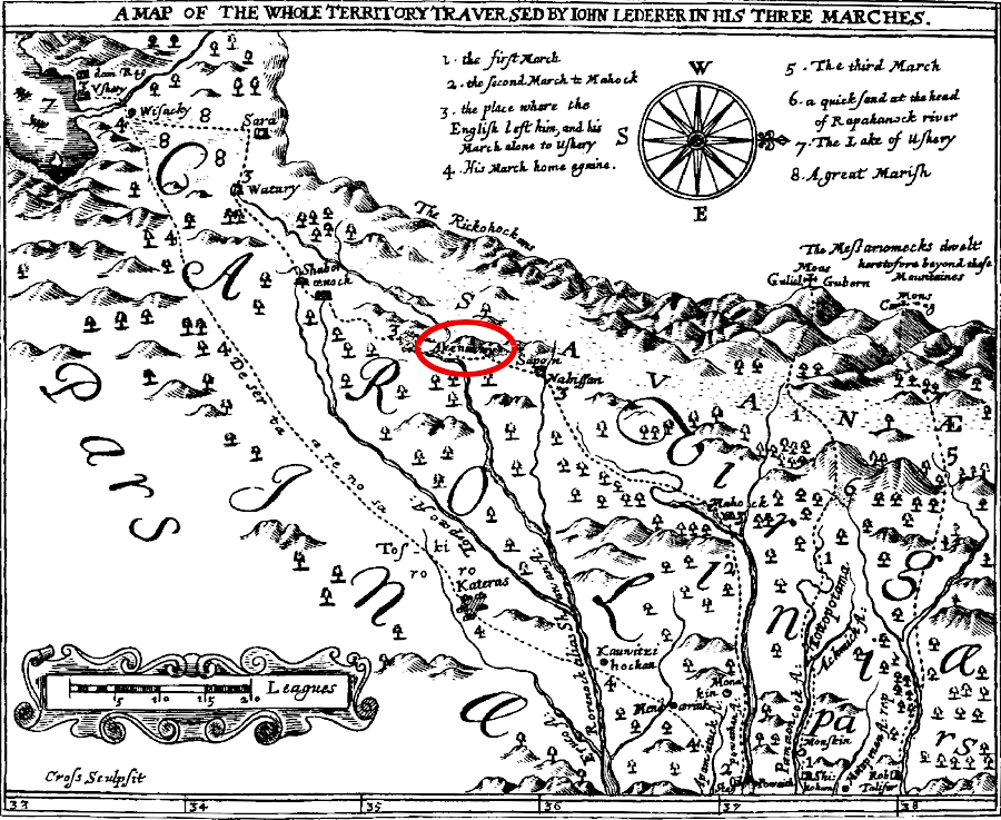 John Lederer explored into the Piedmont territory controlled by the Siouan-speaking groups, reaching the Akenatzy (Occaneechi) town on the Roanoke River