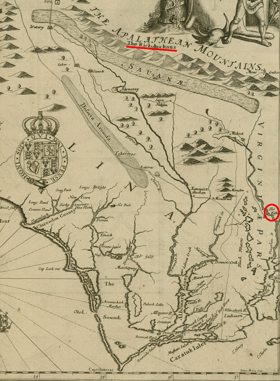 refugees of the Erie called Rickohocans migrated from the Great Lakes to the headwaters of the Tennessee River, as well as to the Falls of the James River