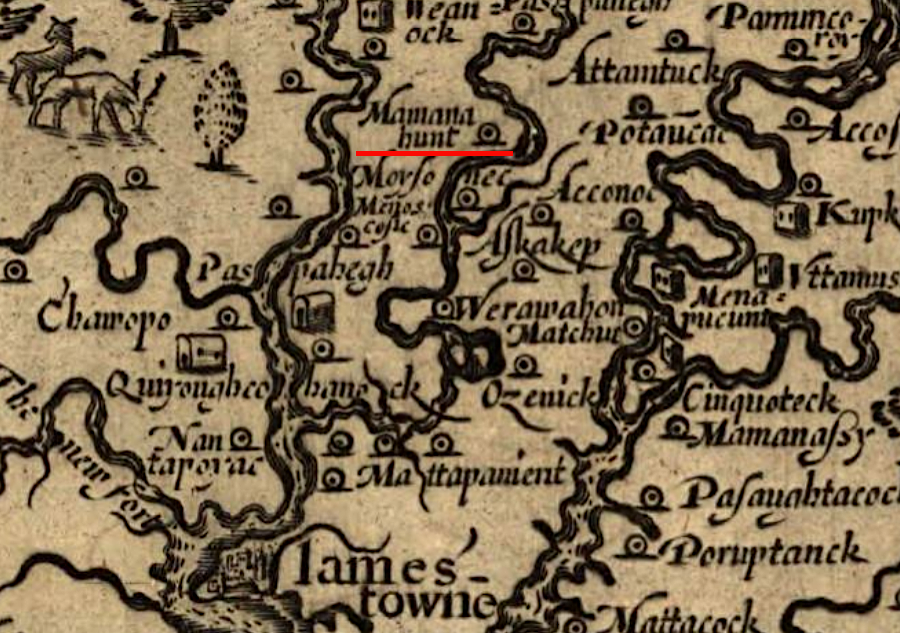 in November 1607, John Smith met 200 Chickahominy in the hart of their country at Mamanahunt, where he traded for corn