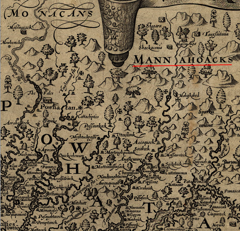 John Smith documented that the Manahoac lived north of the Monacan (Note: north is to the right)