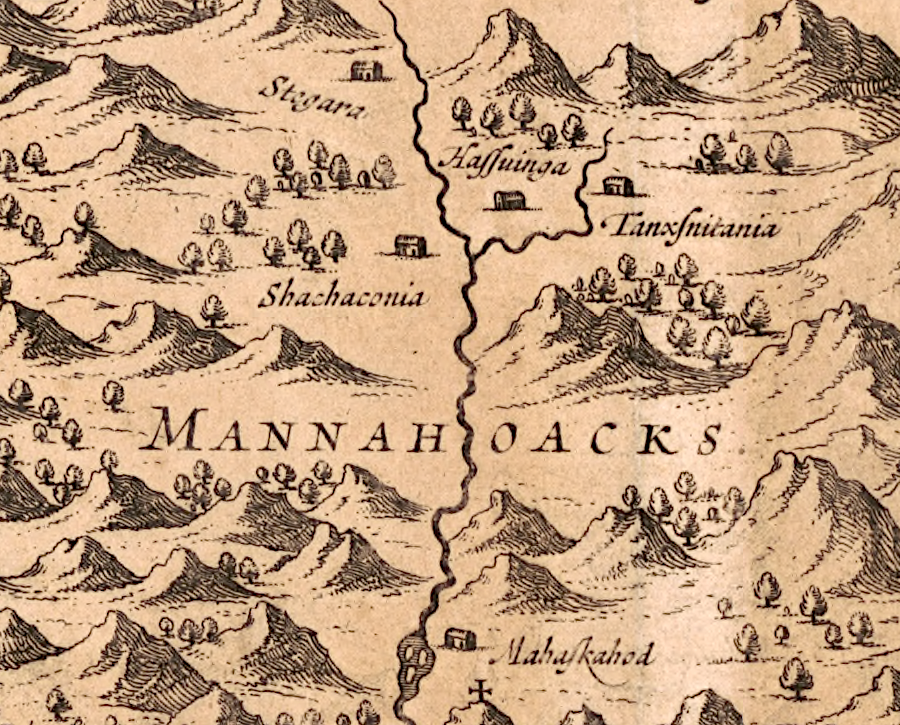 the Manahoac towns included Stegara/Stegora, Shackaconia/Shakahonea, Tanxsnitania/Tauxuntania, Hassuiuga/Hasinninga and Mahaskahod/Mohaskahod