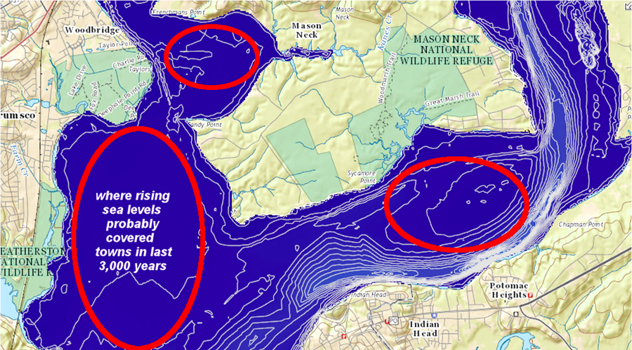 homesites of the ancestors to the Moyumpse (Dogue) are probably underwater now, on the flats overlooking the ancient Potomac River channel where there was easy access to anadromous fish