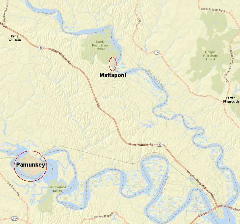 the Mattaponi and Pamunkey reservations are in King William County, upstream of the headwaters of the York River at West Point