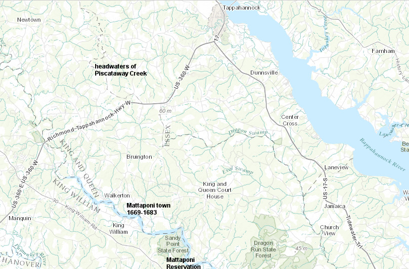 the Mattaponi moved from their traditional settlement area to the headwaters of Piscataway Creek after the Third Anglo-Powhatan War ended in 1646