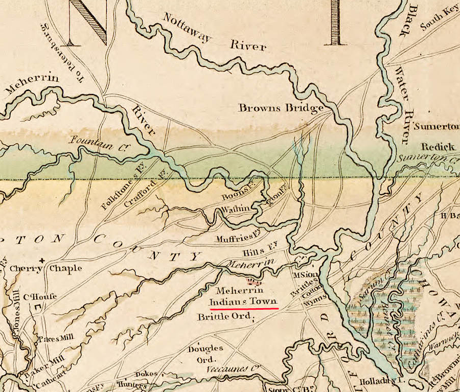 in the colonial period, the Meherrin had a town south of the Virginia-North Carolina border