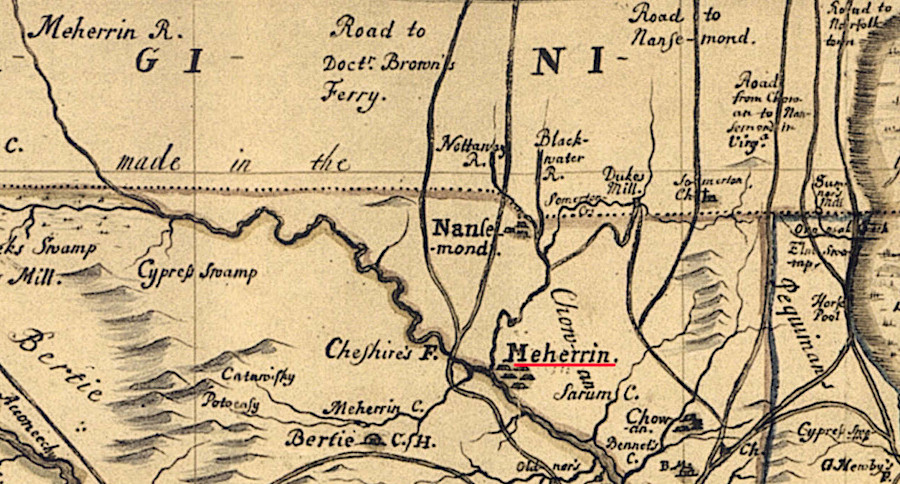 in the colonial period, the Meherrin had a town south of the Virginia-North Carolina border