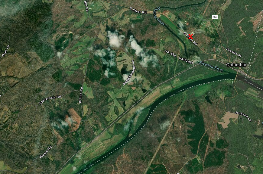 the Forsyth Alternative proposed by the Monacan would intercept (red X) the planned pipeline just west of Columbia