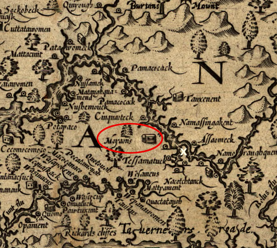 the Piscataway tayac kings house was at Moyaone near Piscataway Creek, when John Smith explored the area in 1608 (white X is now Washington DC)