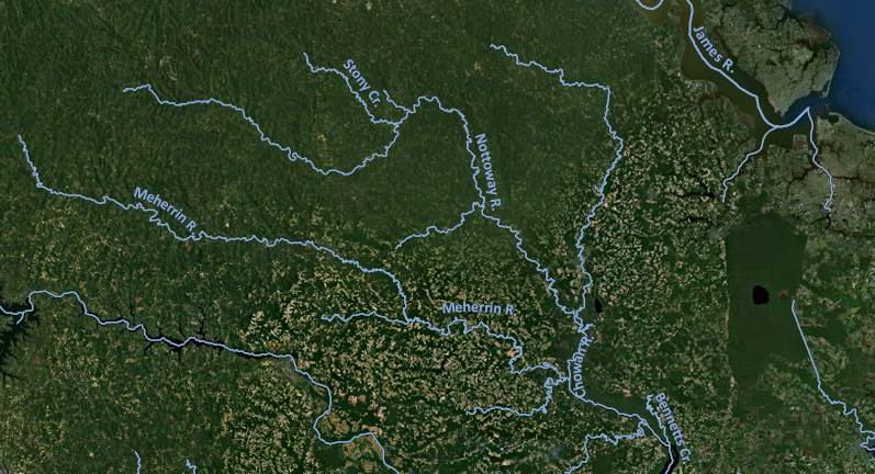 the Meherrin and Nottoway tribes lived in the Chowan River/Albemarle Sound watershed, separate from the Chesapeake Bay watershed controlled by the paramount chiefdom of Powhatan