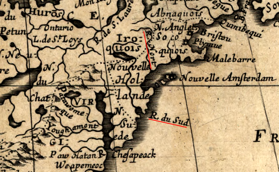 after defeat of the Dutch, the New York colony claimed all the land between the North (Hudson) River and South (Delaware) River, shown here as R. du Sud