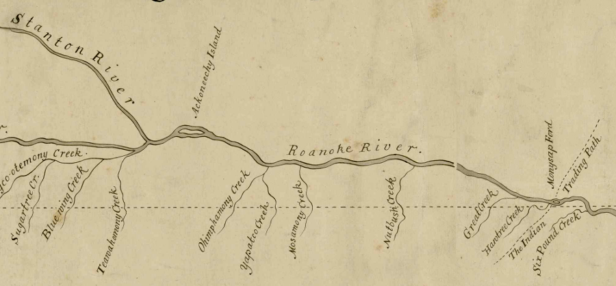 William Mayo's 1728 map of the dividing line boundary between Virginia-Carolina showed the Occaneechee Trading Path downstream from the Ackoneechy Island