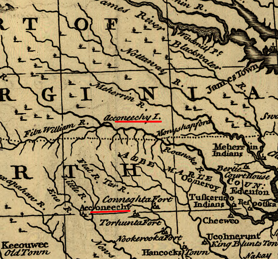 by the mid-1700's, there was an Occaneechi settlement on the Eno River south of the Virginia-North Carolina border