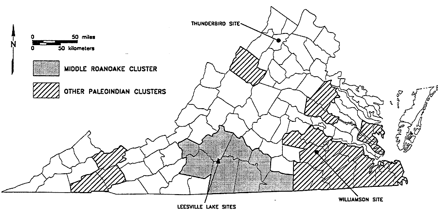 principal Paleoindian artifact clusters in Virginia, as identified in 1994