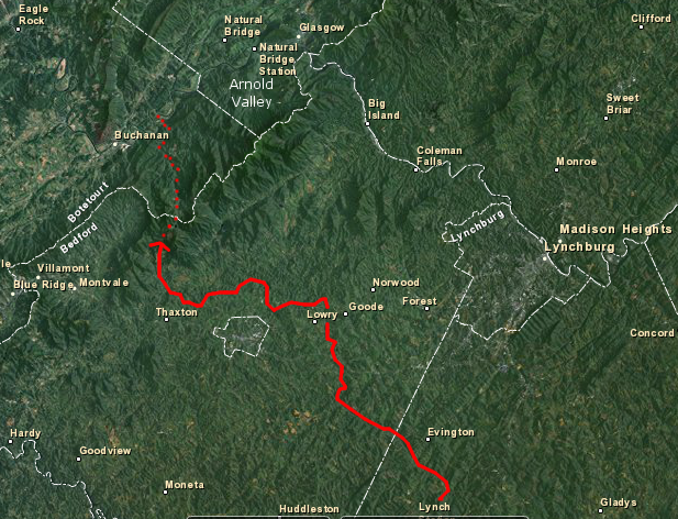 possible travel route of hunting band 5,000 years ago in Archaic Period, based on types of rock used for tools and found at Peaks of Otter in 2008