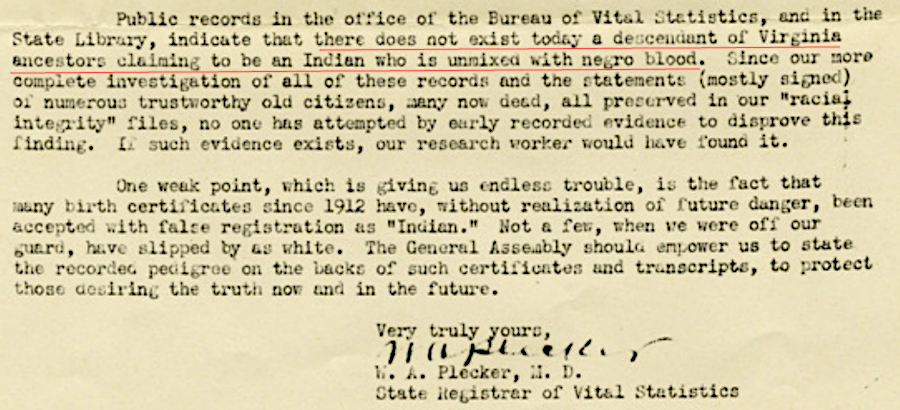 state officials claimed after passage of the Racial Integrity Act in 1924 that even a trace of negro blood disqualified people from being classified as Indian