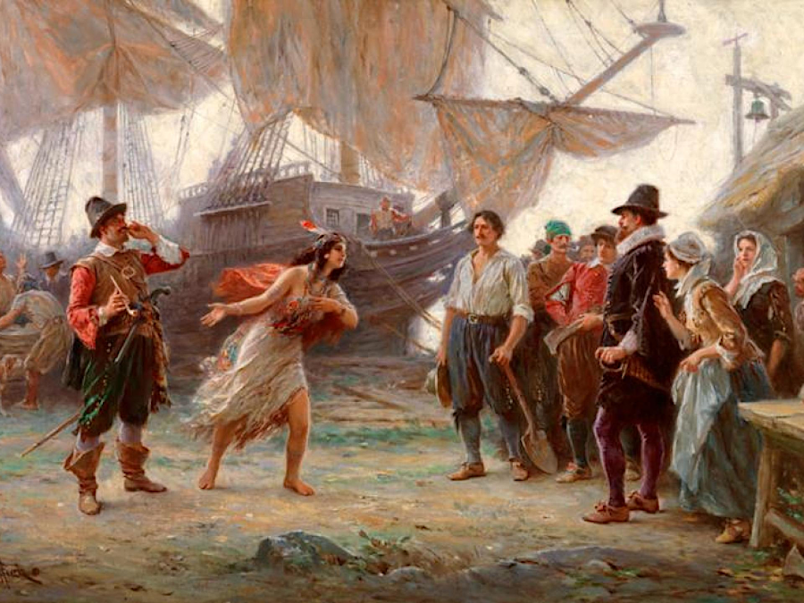 how Pocahontas may have spoken to Sir Thomas Gates after arriving in Jamestown, complaining about Captain Argall (behind her)